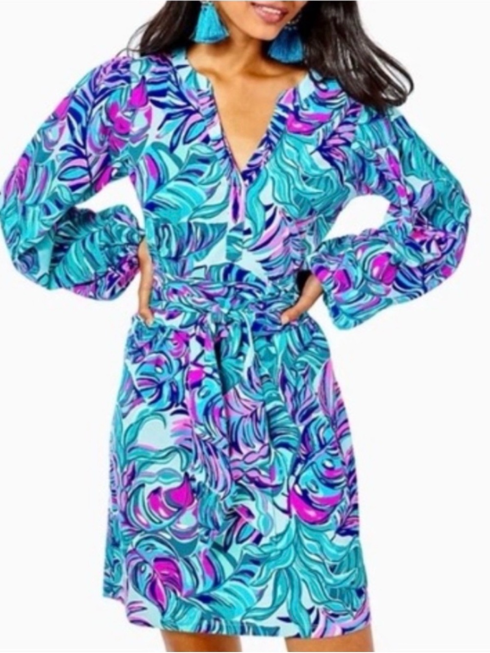 Lilly Pulitzer Bedelia Dress in the Seasalt Blue Don't Wanna Leaf pattern,